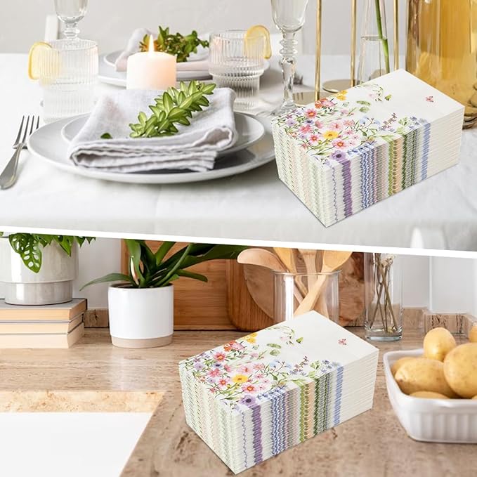 100Pcs Disposable Floral Paper Napkins Decorative Bathroom Napkins Guest Disposable Wild Flower Hand Towels Dinner Party Napkins for Wedding Birthday Party Baby Shower