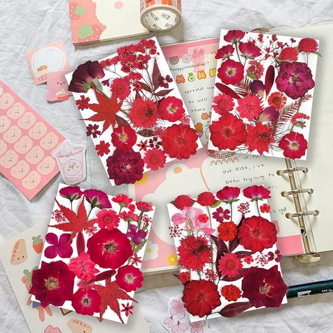 150PCS Red Dried Pressed Flowers with Butterfly Stickers - YouthBro Real Nature Flowers Herb Set for Resin DIY Jewelry Candle Soap Vase Making Nail Card Scrapbook Art Craft Floral Decors