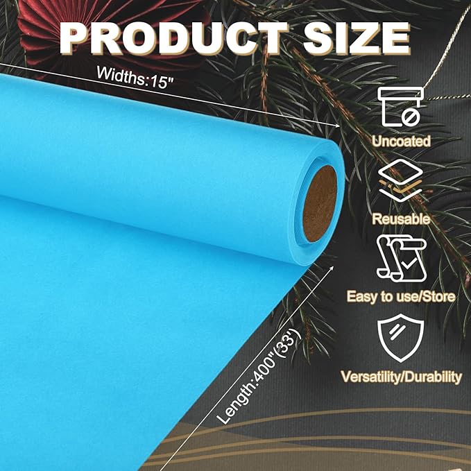 PATIKIL Wrapping Paper, 15"x400"(33') Bulletin Board Paper Roll Kraft Paper Roll Construction 80GSM for Shipping Packing Gift Wrapping Craft Flower Bouquet Christmas, Light Blue