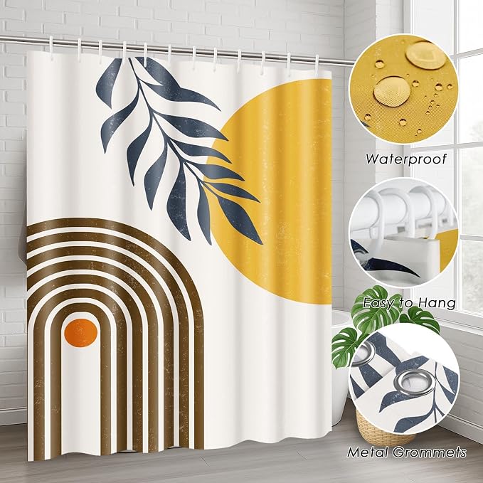Boho Mid Century Shower Curtain Set with Toilet Lid Cover and Non-Slip Rugs, Modern Abstract 4 Pcs Yellow Sun Minimalist Shower Curtain for Bathroom Set with 12 Hooks