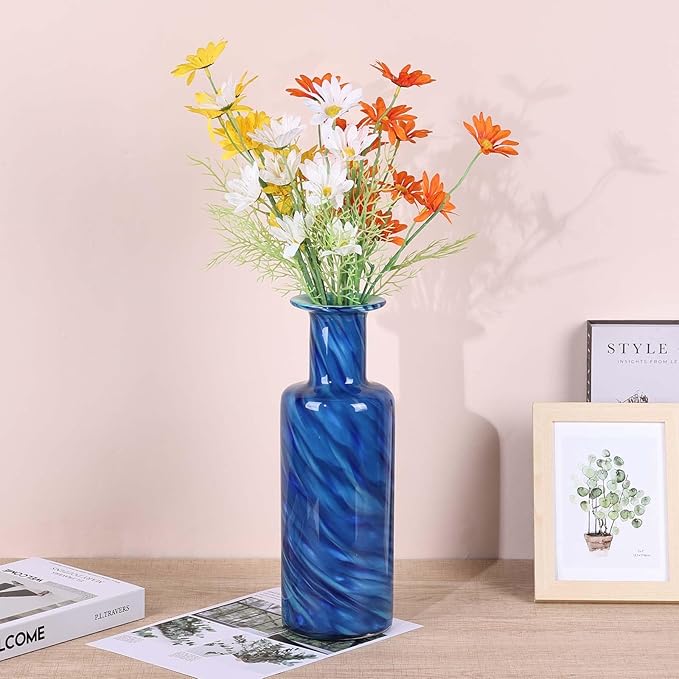 Hand Blown Glass Vase Cobalt Blue Swirl – Murano Style Art Glass Vase with Wide Mouth for Flowers, Unique Bubble Vase, Coastal Blue Glass Decor for Dining Table, Living Room, Entryway Accent (Blue)