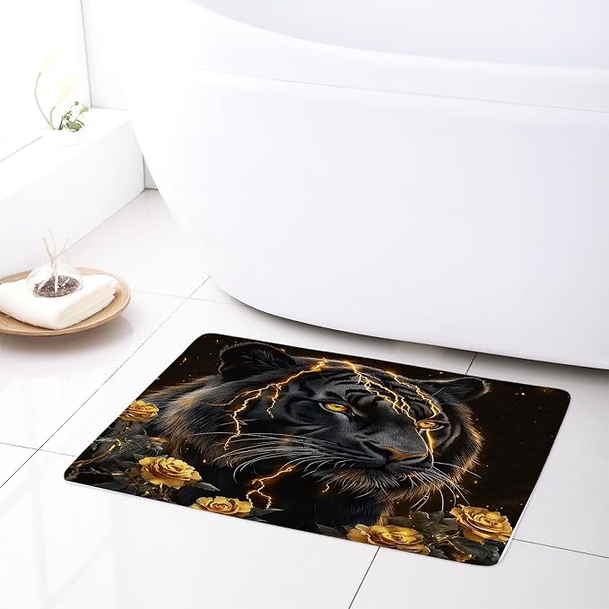 LB Black Gold Tiger Bath Mat for Bathroom 24x16 inches- Aesthetic Gold Rose Floral Abstract Animal Doormat- Memory Foam Non Slip Absorbent Rug for Living Room Floor Bedroom Door Front