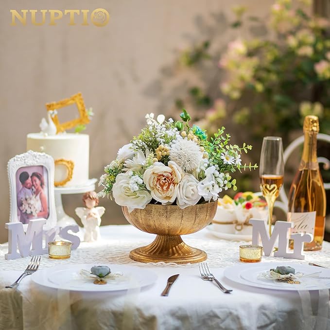 NUPTIO Distressed Gold Vases for Centerpieces: Rustic Brass Compote Vases for Flowers - Metal Pedestal Bowl Decor for Wedding Table Home Set of 2