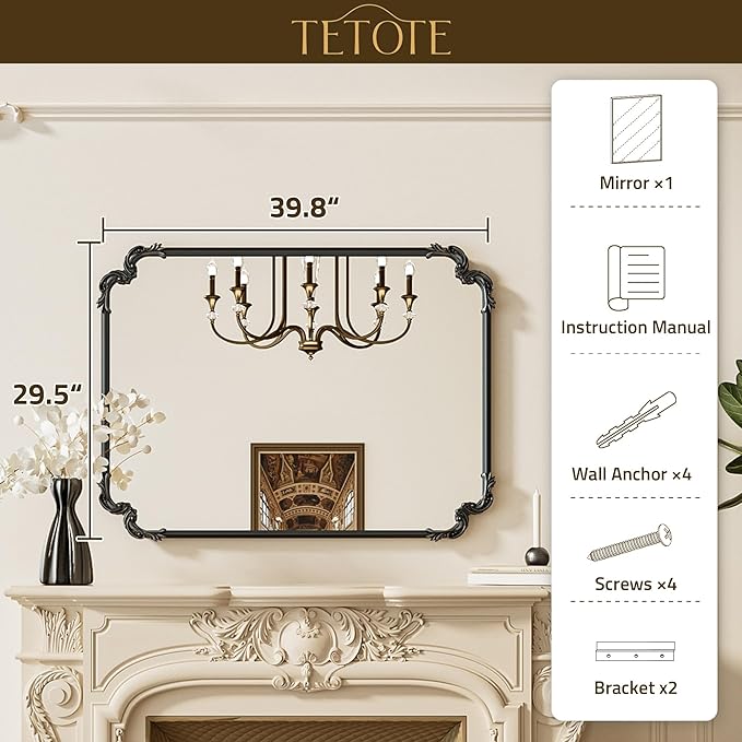 TETOTE Baroque Antique Black Scroll Wall Mirror 40 x 30 Vintage Rectangle Framed Baroque French Rectangular Mirror for Mantle Fireplace Bathroom Living Room, Horizontal/Vertical