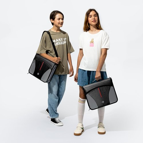 Skiennix 3-Inch O-Ring Zipper Binder - Expanding Files & Multiple Pockets | Jet Black with Shoulder Strap