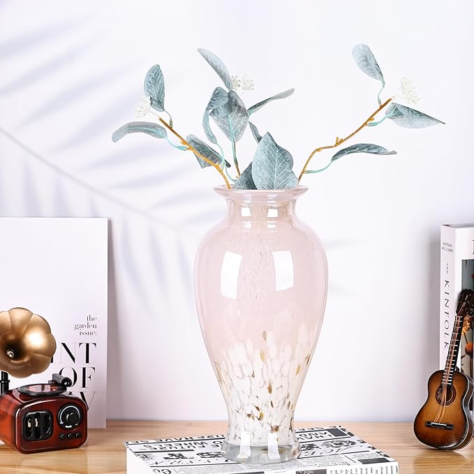 11.8" Tall Pink Glass Vase Beautiful Hand Blown Glass Vase Modern Art Home Decor, Wide Mouth Colorful Vases for Mantle Dining Table Centerpiece, Entryway Living Room Wedding Decoration