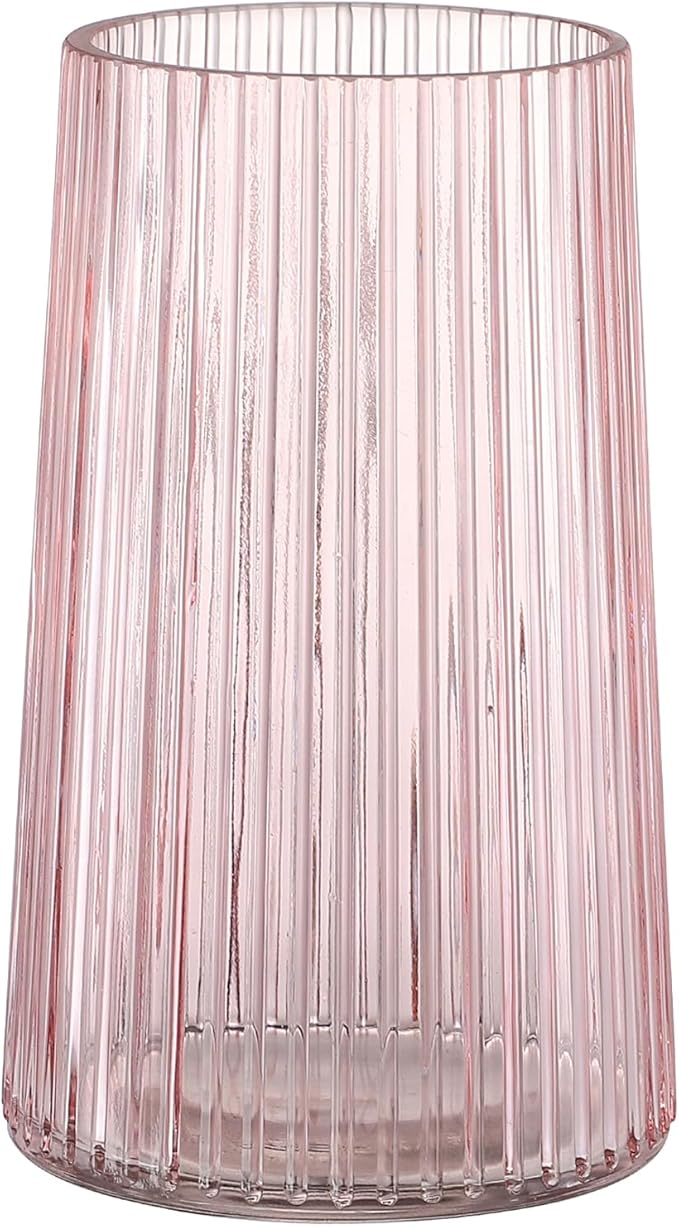 Pink Glass Vase for Flower, Flower Vase for Bouquet, Modern Glass Vases, Ribbed Vases for Living Room, Bedroom, Dining Table, Office, Wedding, Centerpieces, 8 Inches