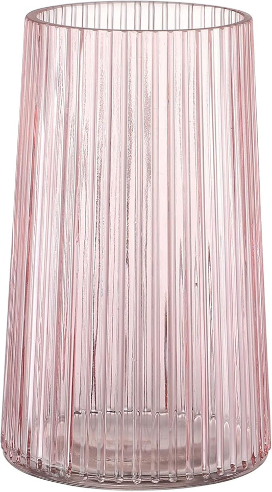 Pink Glass Vase for Flower, Flower Vase for Bouquet, Modern Glass Vases, Ribbed Vases for Living Room, Bedroom, Dining Table, Office, Wedding, Centerpieces, 8 Inches