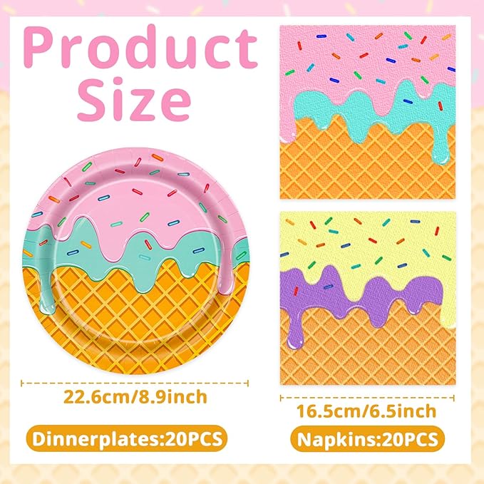 T-Antrix 40 Pcs Ice Cream Party Supplies, Disposable Ice Cream Paper Plates and Napkins Tableware Set for Kids & Girls Birthday, Baby Shower & Themed Parties Serves 20