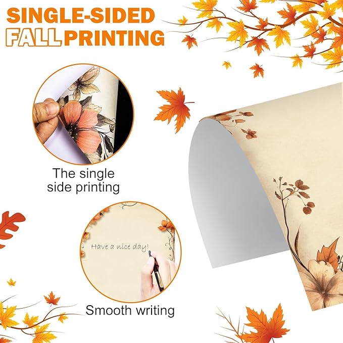 EggSun 250Pcs Fall Thanksgiving Stationery Paper and Envelope Set with 100 Letterhead Papers and 50 Envelopes, 10 Design for Letter Writing Invitations Computer Holidays Party Notes, 8.5x11 Inch-Leaf