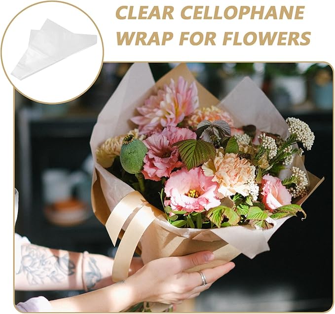 FOYTOKI 100pcs Clear Cellophane Wrapping Paper for Floral Bouquets Transparent Flower Packaging Film DIY Lightweight Floral Wrap for Weddings Birthdays Present