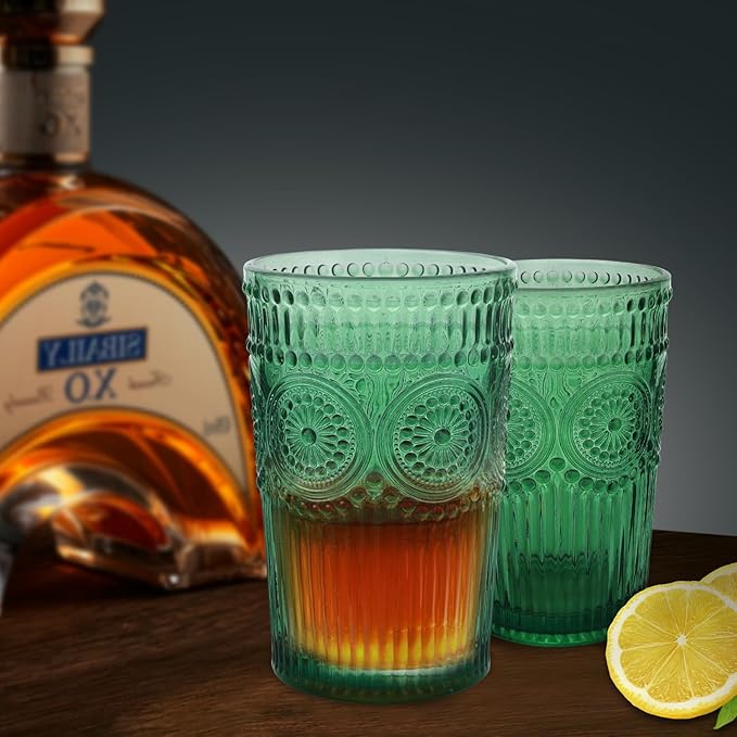Loivttvv 6pcs Vintage Drinking Glasses Set, 12 oz Dark Green Highball Glasses, Embossed Ribbed Glassware Cups for Cocktail, Water, Juice, Coffee, Whiskey