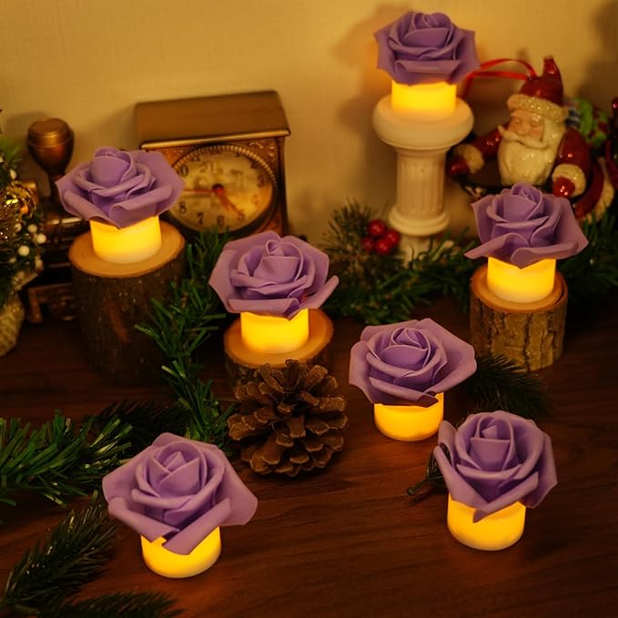12 Pack LED Tea Lights Candles with Artificial Rose Petals, Romantic Flameless Battery Operated Candles for Valentines Wedding Proposals Christmas Decor (Purple)