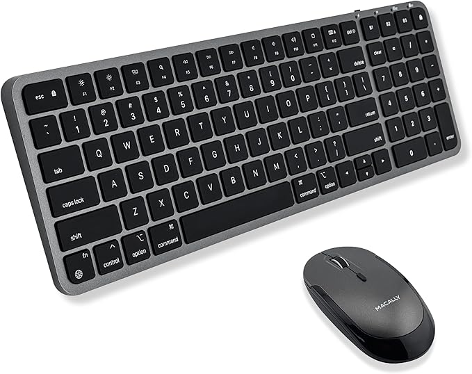 Macally Bluetooth Mac Keyboard and Mouse - Compact (2 Zone) Wireless Apple Keyboard and Mouse Combo with Number Pad - Multi Device, Rechargeable - for Mac, MacBook Pro/Air, iPad, iPhone - Space Black