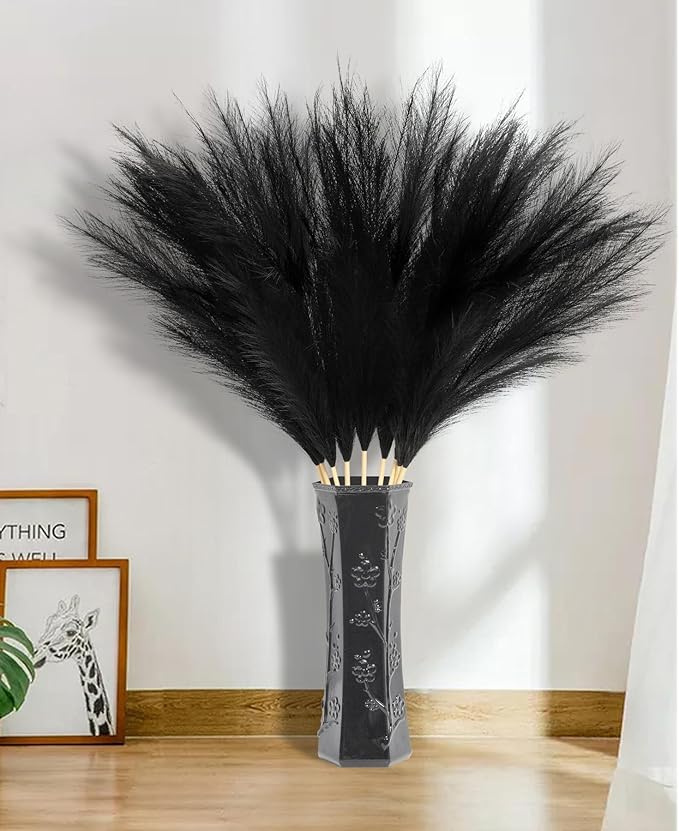 9 Pcs 45" Tall Pampas Grass Black Decor, Long Stem Artificial Flower Floor Vase Large Faux Floral Pompas Fake Plants Dried Bouquet Arrangement Vase Filler for Boho Home Wedding Decoration