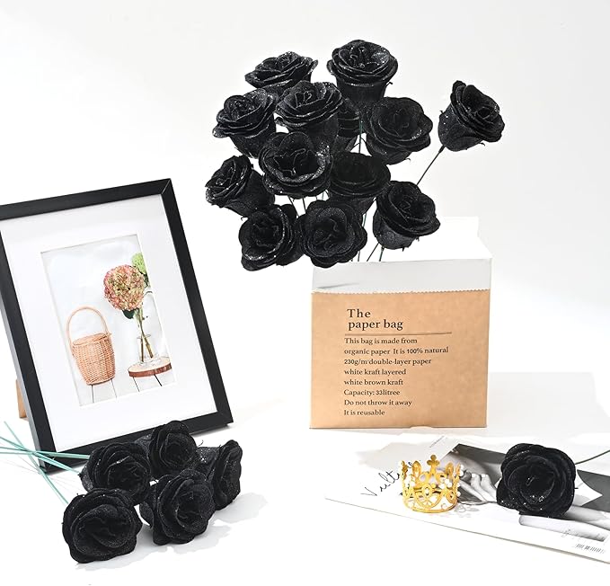 Waipfaru 36 Pcs Glitter Roses Bouquet, DIY Fake Flowers Bouquet, Artificial Black Rose Bouquet for Valentines, Mothers Day Gifts, Anniversary, Engagement, Wedding