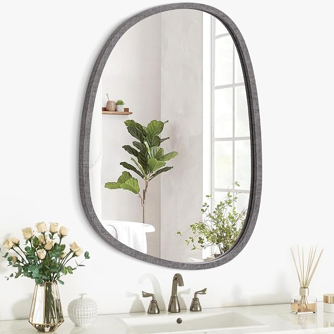 Asymmetrical Mirror for Wall Irregular Small Wall Mirror Oval Modern Wood Frame Unique Shape Mirror Wall Mounted Vanity Artistic Mirror Decorative for Living Room Bedroom Bathroom Entryway Hallway