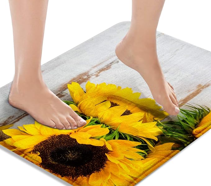 Britimes Bath Mat for Bathroom, Yellow Sunflower Washable Cover Floor Rug Carpets Floor Mat Bathroom Decorations 18x30 Inches for Kitchen Bedroom Indoor