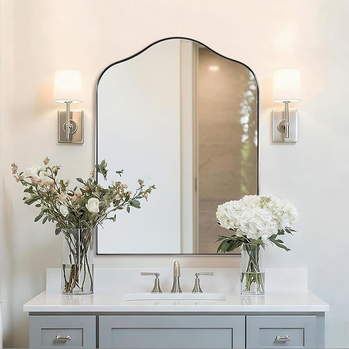 ANDY STAR Scalloped Arched Mirror, 30x40 Brushed Nickel Irregular Bathroom Mirror for Vanity, Asymmetrical Curved Top with Rustproof Stainless Steel Frame, for Entryway, Bedroom, Mantel, Fireplace