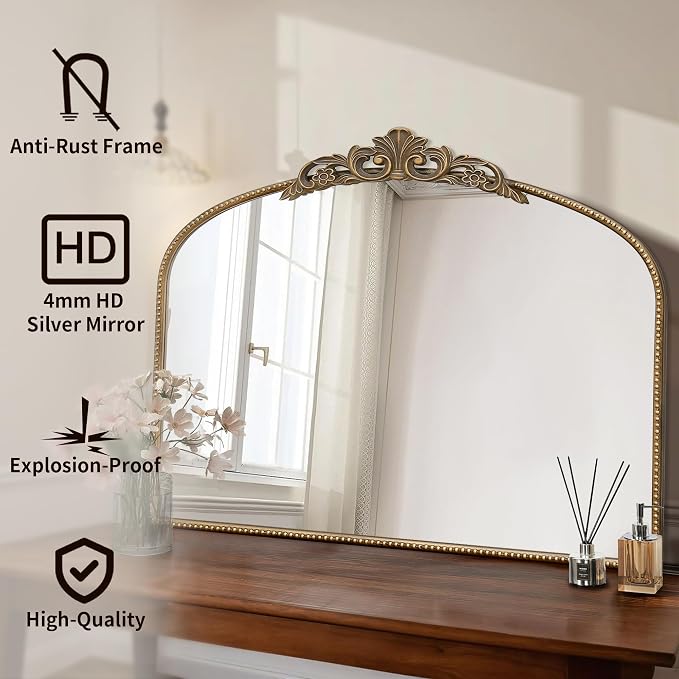 Micasso Large Vintage Gold Mirror: 40"x29" French Baroque Antique Arched Mirror - Traditional Ornate Decorative for Wall/Fireplace/Mantel/Entryway/Bathroom/Hallway - Home Decor for Living Room