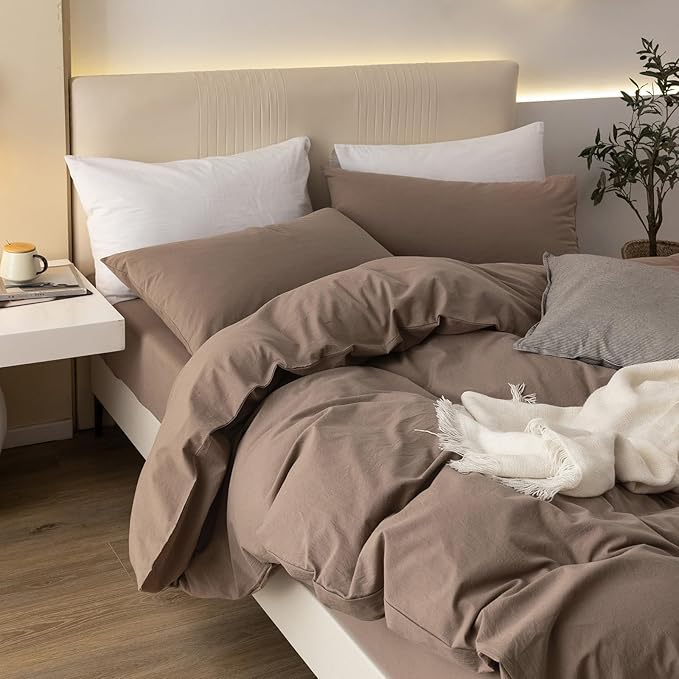 JIYUAN 100% Washed Cotton Duvet Cover Set 3 Pieces Cal King, 1 Duvet Cover 104x98 Inches(Comforter Not Included) and 2 Pillowcases,Linen Feel Bedding Set Comfy and Breathable,Light Brown