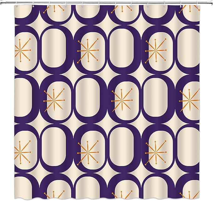 Mid Century Shower Curtain Modern Abstract Atomic Starbursts Squares Retro 50s Geometric Bathroom Decor Polyester Curtains with Hooks