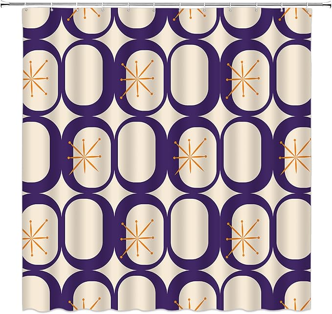 Mid Century Shower Curtain Modern Abstract Atomic Starbursts Squares Retro 50s Geometric Bathroom Decor Polyester Curtains with Hooks