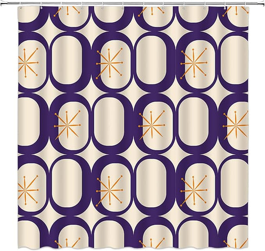 Mid Century Shower Curtain Modern Abstract Atomic Starbursts Squares Retro 50s Geometric Bathroom Decor Polyester Curtains with Hooks