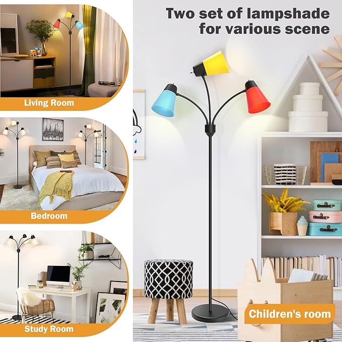 FOLKSMATE LED Floor Lamp, Medusa 3 Head Modern Adjustable Tall Standing Light for Living/Kids Room, Bedroom, Office, Dorm