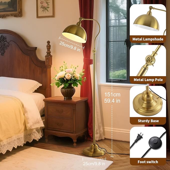 Bright LED Reading Floor Lamp with Remote and Bluetooth Dimming,Adjustable Brightness and Color temperature, Brass Gold Brushed Iron Lampshade,59" Modern Standing Lamp for Living Room Bedroom Office