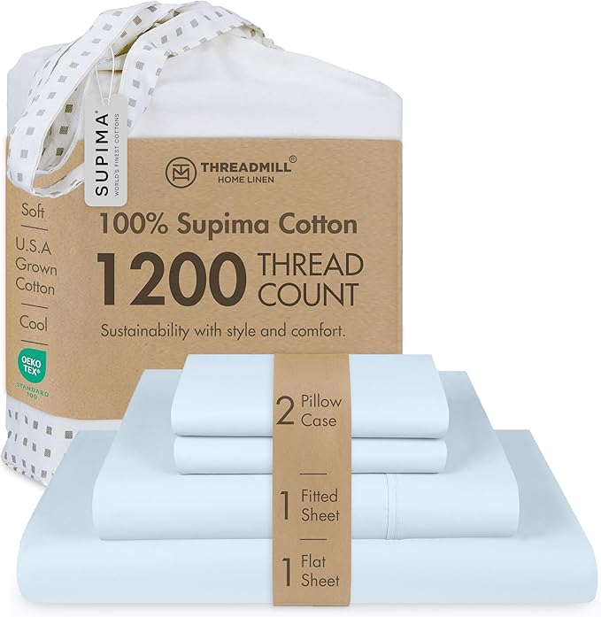Threadmill Supima Cotton Queen Sheet Set, 1200 Thread Count for Queen Mattresses, 4 Piece American Luxury Bed Sheets, Sateen Hotel Quality Sheets with Elasticized Deep Pocket, Light Blue