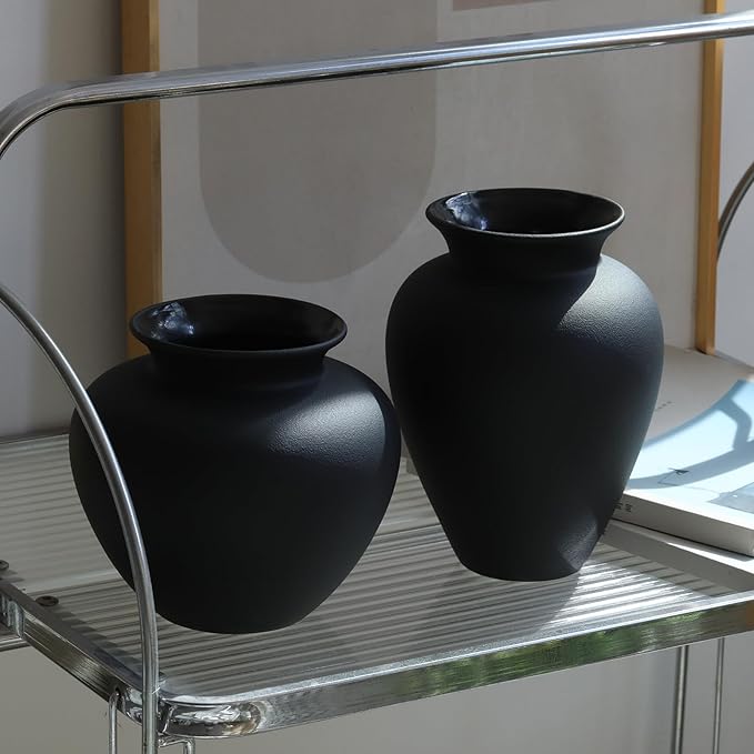 Black Ceramic Flower Vase, Decorative Jar Modern Centerpiece Table Decorations,Rustic Ceramic vases for Home Decor Dining Room,Wide Mouth Ceramic vase for Kitchen Utensils (Black, 0619)