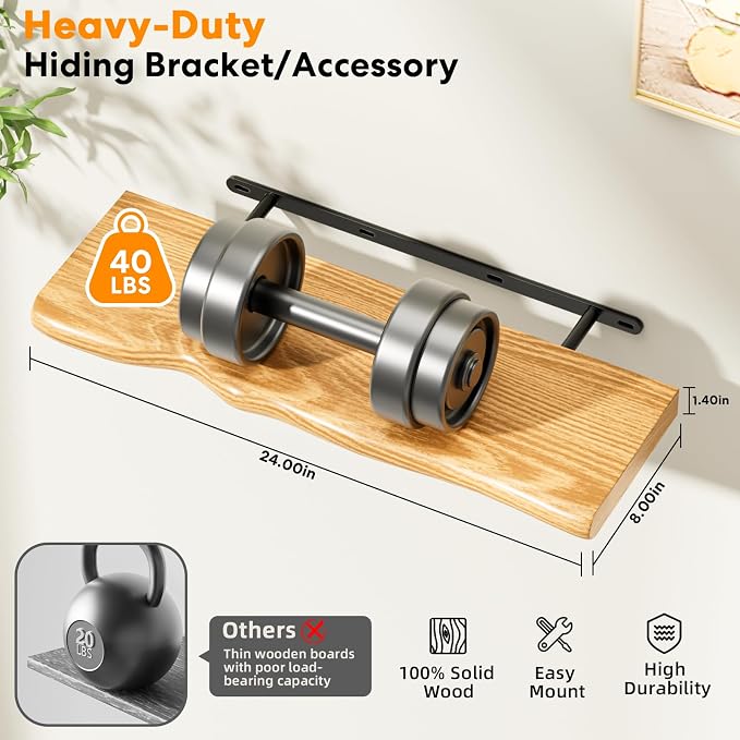 Floating Shelves for Wall 24 Inch Wooden Floating Shelves Live Edge Shelf with Unique Natural Grain Wall Mounted Rustic Pine Wood Shelf for Living Room Bedroom Kitchen Bathroom (Natural)