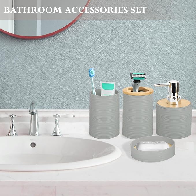 4 Pieces Bamboo Bathroom Accessories Set, Bathroom Accessory Set with Soap Dispenser and Toothbrush Holder, Soap Dish and Toothbrush Cup, Boho Bathroom Decor(Grey)