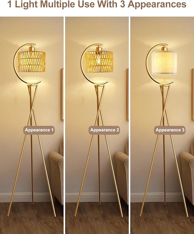 Lightdot Tripod Floor Lamp for Living Room, Gold Standing Lamp with Bulb Included, Boho Farmhouse Tall Lamp for Bedroom, Arced Reading Light with Rattan& Linen Shades for Sofa Beside/Corner Decor