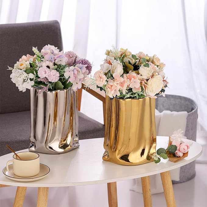 VanEnjoy Large Gold & Silver Ceramic Vases - Wide Mouth Home Decor, Chrome Handbag Vase