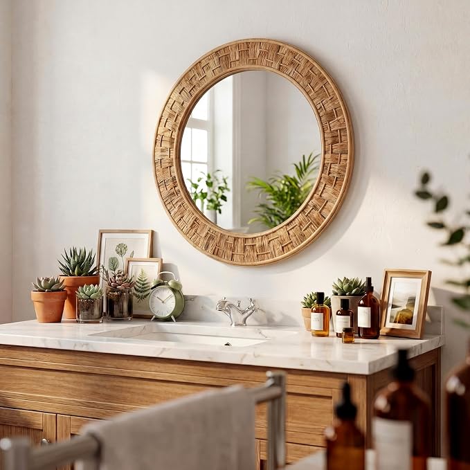Vercraft 24 Inch Round Rattan Wicker Mirror, Rustic Boho & Farmhouse Style Handmade Woven Frame, Decorative Wall Mirror for Bathroom, Living Room, Bedroom, Entryway, Nursery Decor