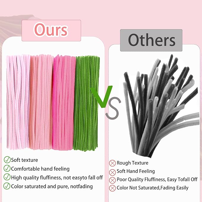 Pipe Cleaners Flower Craft Kit,Chenille Stems Craft DIY Bouquet Making Set with Floral Wires, Gardening Tape, Stamens & Ribbon for Home Decor-Holiday Decorations,Gifts - 400 Pcs (Pink)