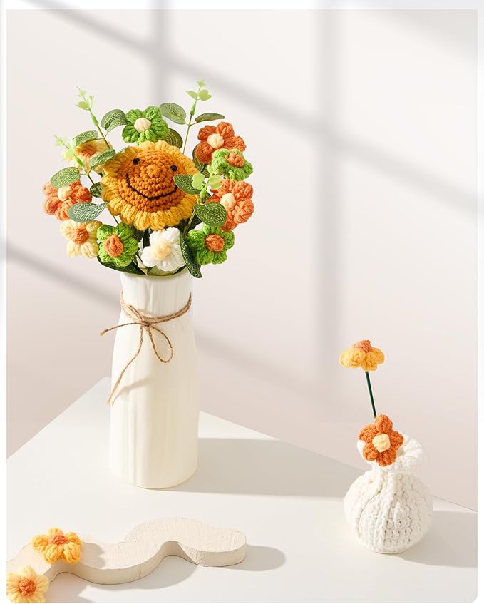 Crochet Flower Bouquet Gift for Wife Mother Girlfriend Fiancee Women, Handmade Artificial Crochet Flowers Knitted Sunflower for Thanksgiving Gift,Birthday Anniversary Present Home Decor Family