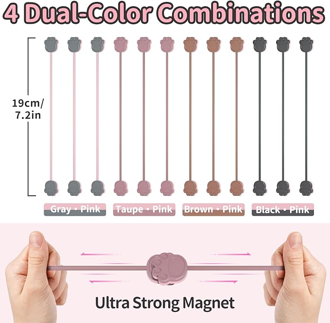 SOOOEC Magnetic Cable Ties, 32 Pack 7.2" Magnetic Cord Organizer Cute Cat's Paw Design, Silicone Twist Ties with Strong Magnet for Bundling and Cable Management, Fridge Magnets.