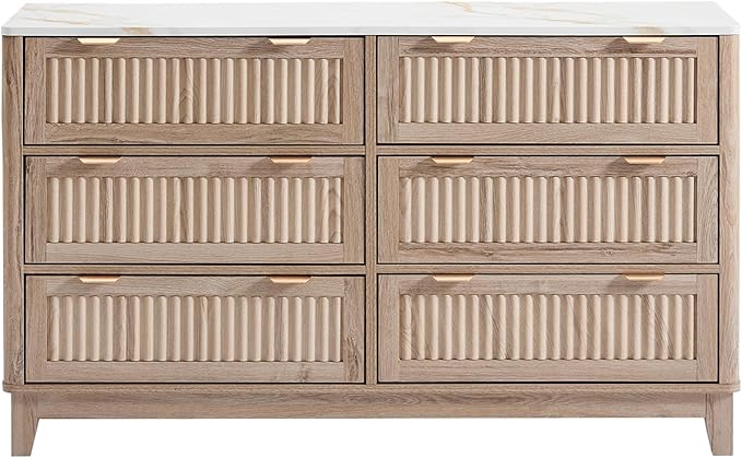 6 Drawers Dresser for Bedroom, 54" Large Storage Dresser, Farmhouse Wood Dressers with Faux Marble Top, Modern Dressers & Chests of Drawers for Living Room Entryway, Fluted Curved Profile, Natural Oak