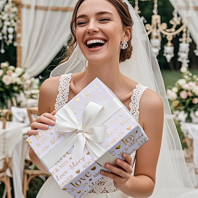 RUSPEPA Wedding Wrapping Paper Large Roll, Jumbo Roll, White and Gold Foil Love & Mr & Mrs Design, Romantic Gift Wrap for Wedding, Bridal Shower, Anniversary, Engagement, 30 Inches x 16.4 Feet