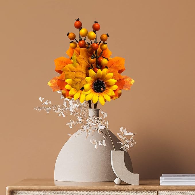 12 Pack Fall Stems Artificial Berry Picks Fall Picks with Pine Cone Sunflowers Pumpkin Maple Leaves Branches Decorations for Harvest Autumn Thanksgiving Day Wreaths Indoor Outdoor Home Decor