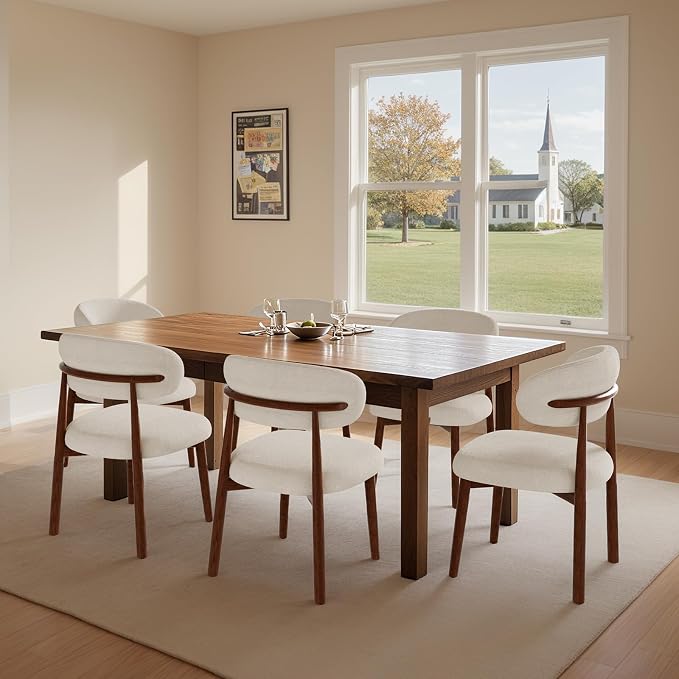Farmhouse Dining Chairs Set of 6, Mid Century Modern Fabric Upholstered Kitchen Chairs, Wooden Dining Room Chair with Curved Back for Kitchen Dining Room Restaurant Cafe, Warm Gray (Only Chairs)