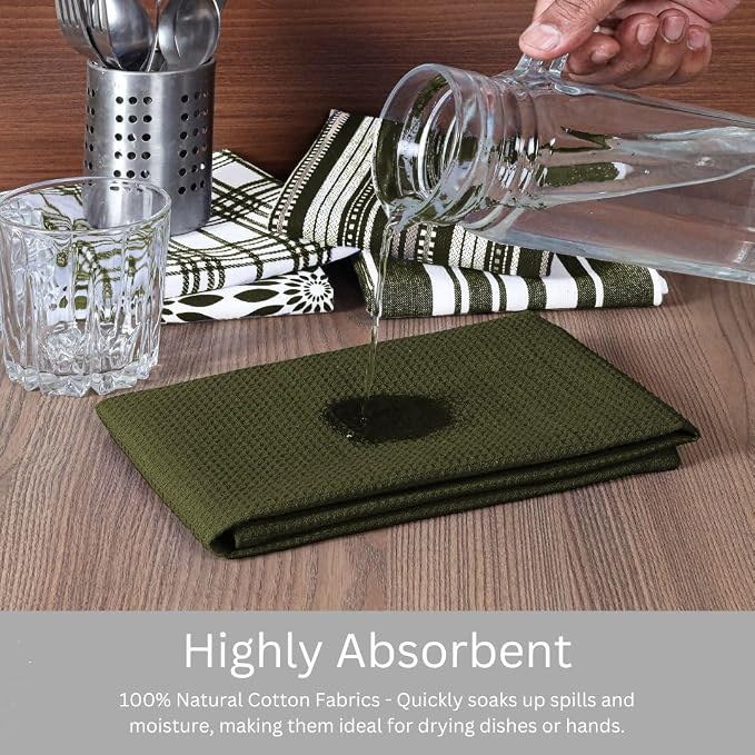 Assorted Kitchen Towels Set of 5-100% Cotton Dish Cloths Towels with Hanging Loop - Soft, Absorbent & Washable for Kitchen Use - Quick Drying Dish Towels 16x26 Inch Green