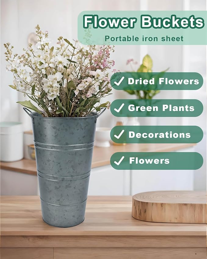 12 Inch Galvanized Metal Vases for Flowers - 2 Pcs Farmhouse Decorative Tall Flower Bucket with Handles, Rustic French Tin Planter Buckets for Wedding Decor (Galvanized Black)