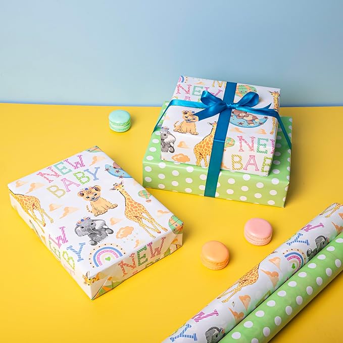 Altarho Reversible Baby Shower Wrapping Paper for Kids Girls Boys - 17 Inch x 33 Feet - Lion Giraffe Animals & New Baby Design for Neutral Baby Shower Party Birthday Holiday