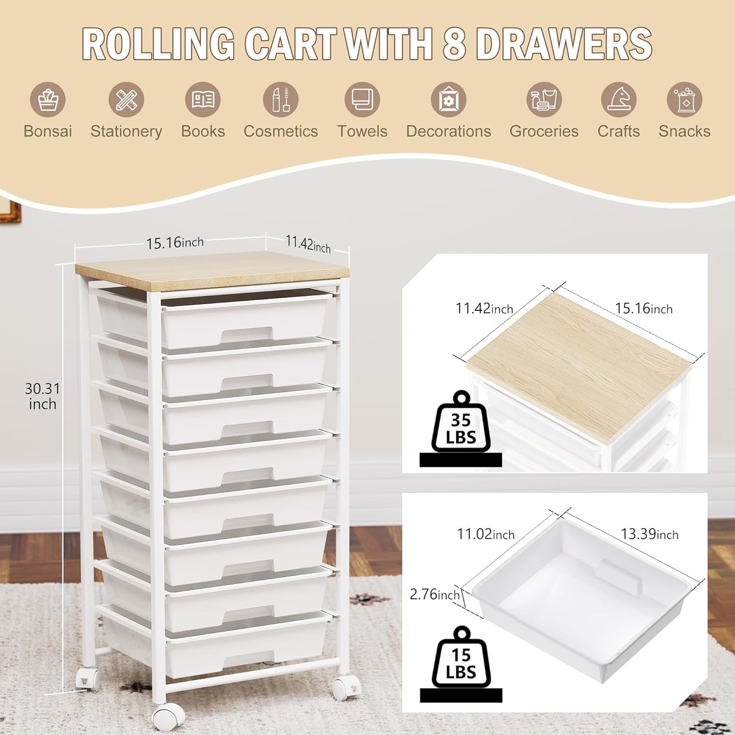 Skiennix Rolling Cart - 8 Drawer Storage Solution with Wooden Tabletop & Lockable Wheels | Versatile for Home & Office