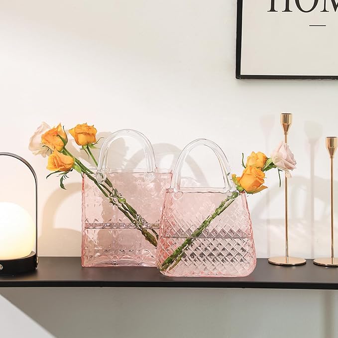 Purse Vase, Glass Bag Vase, Glass Purse Vase for Flowers, Pink Vases, 12 Inch Large Flower Vase with Embossed Pattern for Wedding, Living Room, Bedroom, Table, Office(Tote)