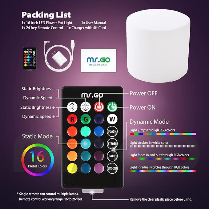 Mr.Go 16-inch LED Flower Pot Light w/Remote, RGB Color Changing Colorful Cylinder Flowerpot, Rechargeable Lighted Planter & Ice Bucket for Home Decor, Garden, Party, Wedding, Gifts